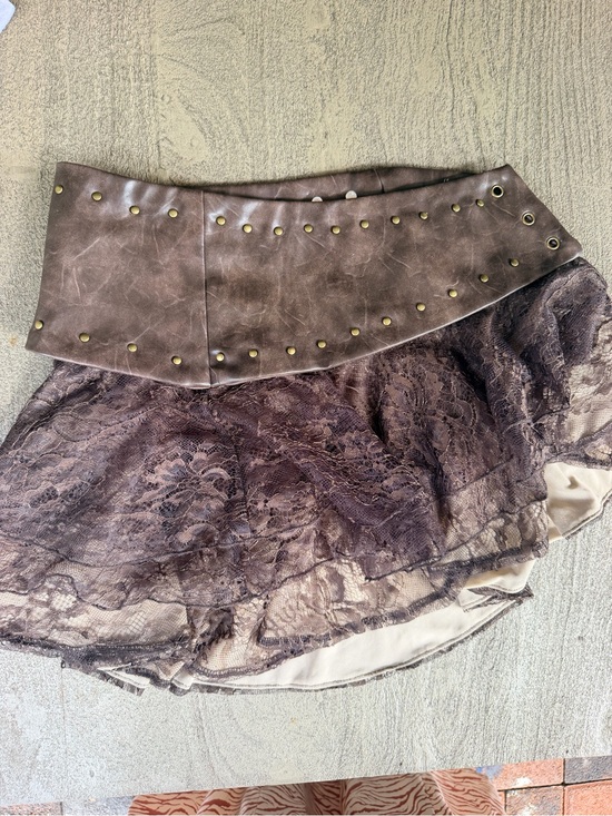 Murci Dresses & Skirts - Studded Faux-Leather Waist Lace Tiered Skater Skirt - Brown